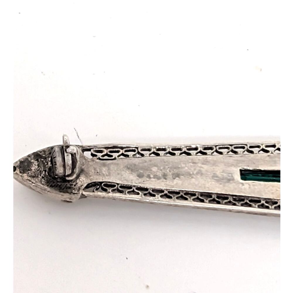 Vintage Art Deco Sterling Silver Green Baguette Rhinestone Bar Brooch - Picture 6 of 13
